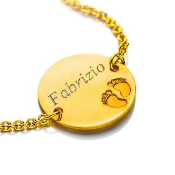 Bracelet bébé Or 585, Plaquette ronde à graver 16mm avec impression empreintes pieds bébé, Livraison Gratuite