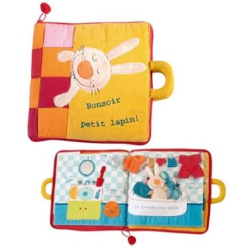 Bonsoir Petit Lapin, grand livre en tissu pour bébé et enfant Lilliputiens (version avec texte en français)