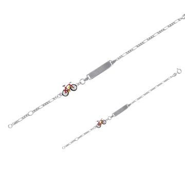 Gourmette Foot argent 925 rhodié pour garçon, Benjamin et Suzette, motif vélo en émail