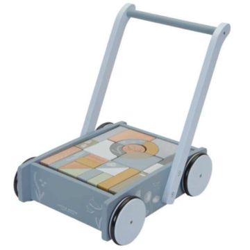 Chariot de marche bleu avec blocs en bois, Jouet en bois Little Dutch, dès 12 mois