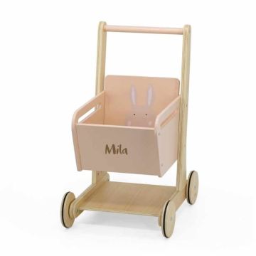 Chariot de courses en bois, Trixie Baby dès 12 mois, cadeau à personnaliser, lapin rose