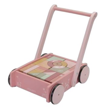 Chariot de marche avec blocs en bois, Jouet en bois Little Dutch rose, dès 12 mois