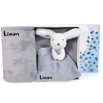 Coffret Naissance Doudou & Compagnie, Couverture et Doudou personnalisé, bleu gris