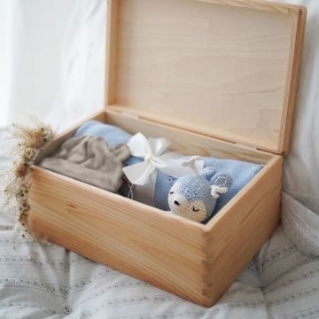 Coffret cadeau bébé en laine merinos, couverture à personnaliser, Maylily, bleu