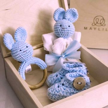 Coffret Naissance Bébé Maylily, Boîte Cadeau Bois, Crochet bleu