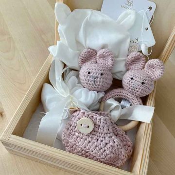 Coffret Naissance Bébé Maylily, Boîte Cadeau Bois, Crochet rose, Maylily