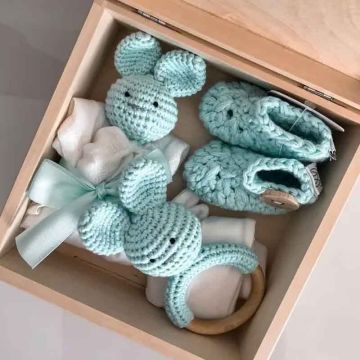 Coffret Naissance Bébé Maylily, Boîte Cadeau Bois, Crochet menthe