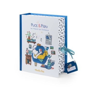 Coffret souvenirs naissance en français, Puce et Pilou de Moulin Roty, idée cadeau pour la naissance d'un petit garçon
