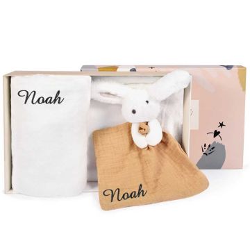Coffret Naissance Doudou & Compagnie, Couverture et Doudou personnalisé, beige et blanc