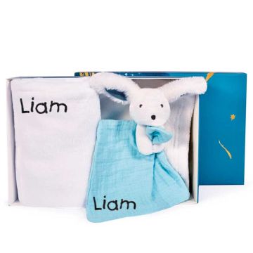 Coffret Naissance Doudou & Compagnie, Couverture et Doudou personnalisé, bleu et blanc
