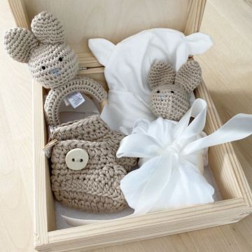 Coffret cadeau de naissance lapin beige, 5 pièces unisexe