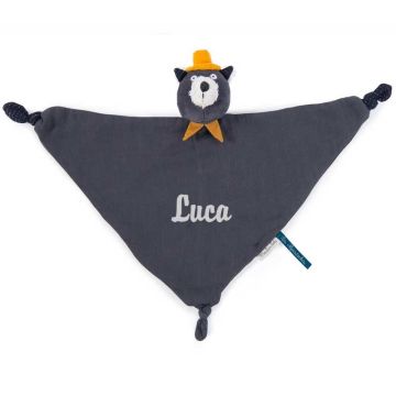 Doudou 100% coton, Chat gris foncé personnalisable et lavable en machine, Cadeau Naissance, Collection Lea Moustaches Moulin Roty