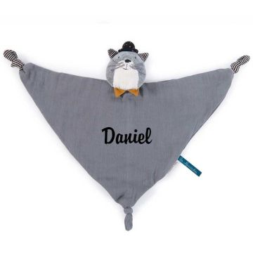 Doudou 100% coton, Chat gris personnalisable et lavable en machine, Cadeau Naissance, Collection Lea Moustaches Moulin Roty