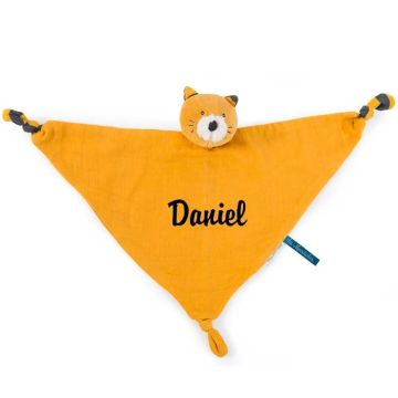 Doudou 100% coton, Chat Moutarde personnalisable et lavable en machine, Cadeau Naissance, Collection Lea Moustaches Moulin Roty