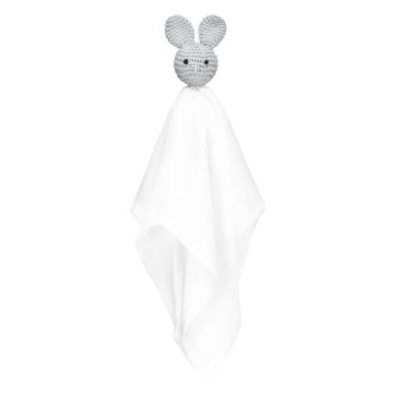Doudou lapin crochet gris – cadeau de naissance en mousseline de bambou (40 cm)