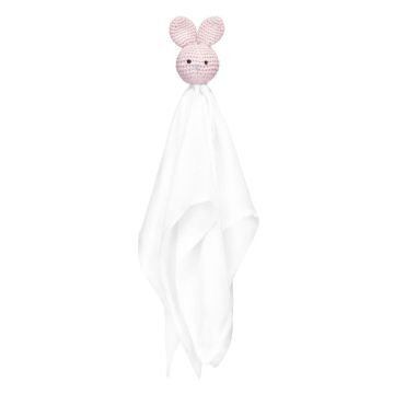 Doudou lapin rose poudré personnalisé, lange en bambou et lapin crochet (40 cm)
