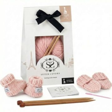Chausson bébé et gants tricot, set cadeau laine rose