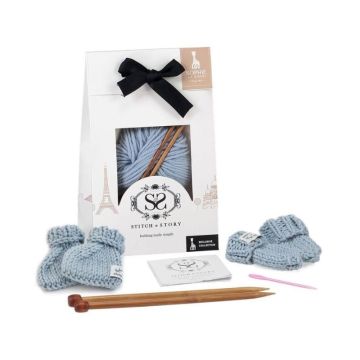 Chausson bébé et gants tricot, set cadeau laine mérinos, bleu