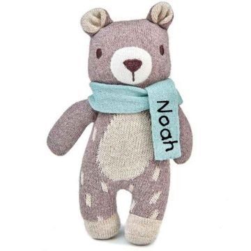 Mini poupée Ours en tricot doux 100% coton teint à la main, à personnaliser avec prénom