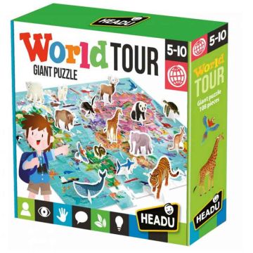 Montessori Puzzle géant World Tour 108 pièces, Enfants 5-10 ans, Headu