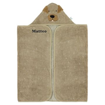 Grande Serviette à capuche Chien avec prénom Bébé, Trixie Baby, 100% coton éponge biologique, 70 x 130 cm