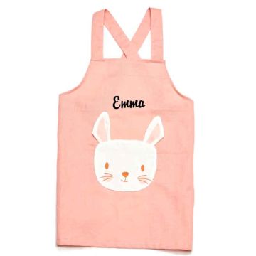 Tablier Fille, à personnaliser dès 3 ans, Thread Bear, 100% lin avec bretelles réglables, lapin rose