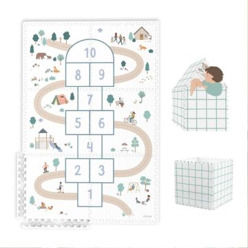 Tapis Puzzle Marelle 3-en-1 Play & Go Tiloo – Tapis de Jeu, Boîte & Cabane