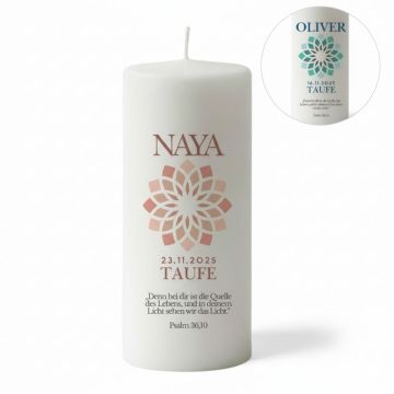 Bougie de baptême fleur de vie, à personnaliser