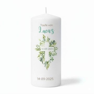 Bougie personnalisée croix et verdure, prénom et date