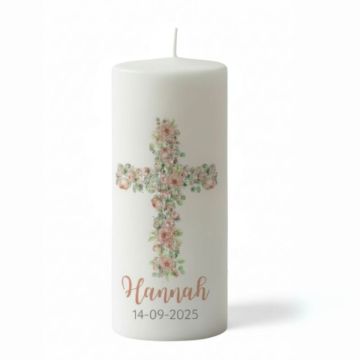 Bougie de baptême fille, à personnaliser – avec prénom et date, Croix en roses