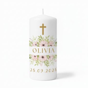 Bougie de baptême fille, fleurs roses avec prénom et date