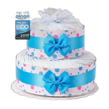 Gâteau à pois bleu 40 couches Pingo - Cadeau naissance garçon