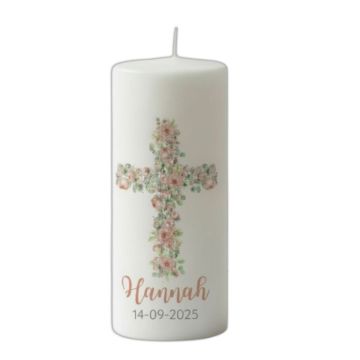 Bougie baptême personnalisée fille - Croix roses
