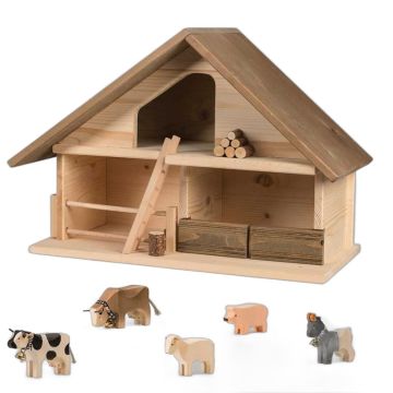 Ferme en bois Trauffer – Toit brun – Jouet suisse durable